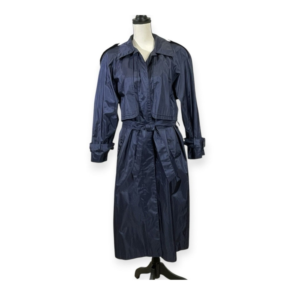 Vintage 80s British Mist Womens Navy Trench Coat Size 8P Raincoat Minimalist
